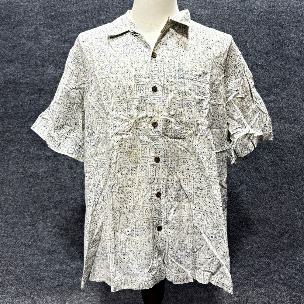 L.L.Bean Mens XL Short Sleeve Button Up Shirt Blue White Geometric Cotton